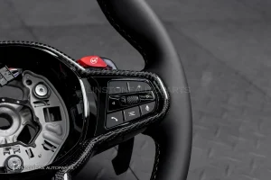 พวงมาลัย สำหรับ BMW G23 series 4 หนังดำ ด้ายฟ้าน้ำเงินแดง กรอบ Carbon fiber