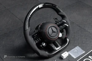พวงมาลัย Carbon fiber พร้อม Airbag มี Display Shift สำหรับ C257 CLS-Class หนังดำ ด้ายแดง