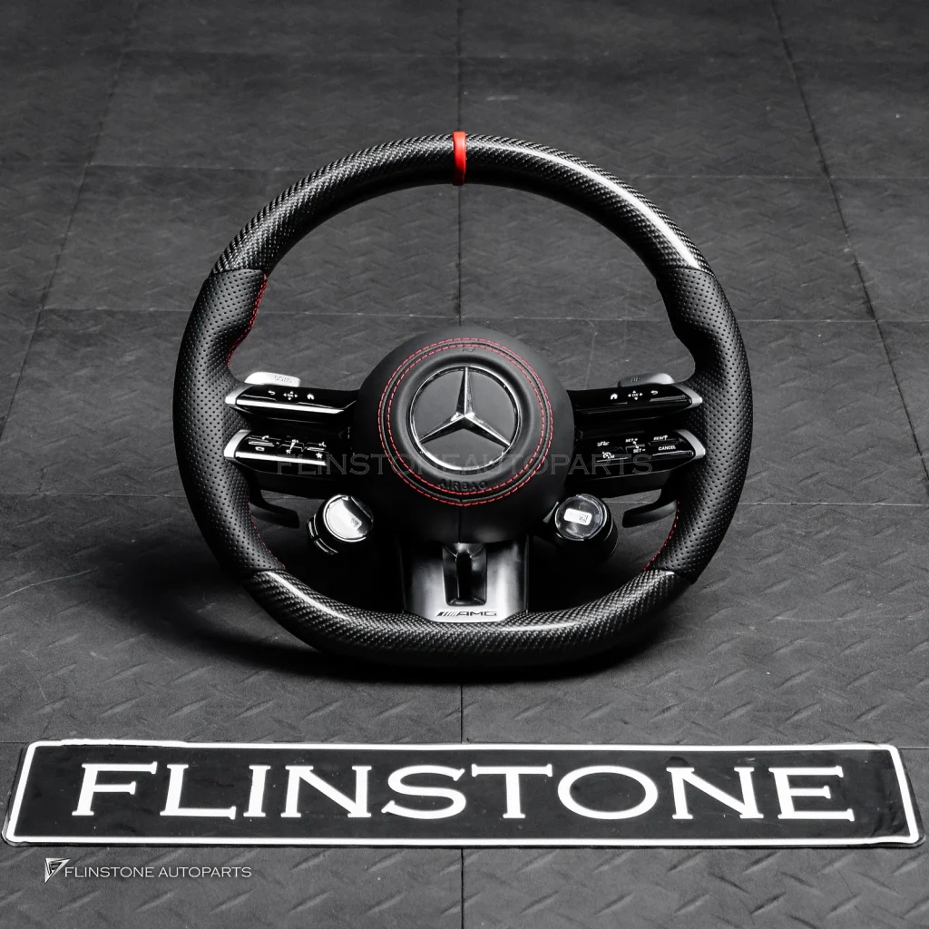 พวงมาลัย Carbon fiber พร้อม Airbag สำหรับ C257 CLS-Class CLS53 AMG หนังดำ ด้ายแดง