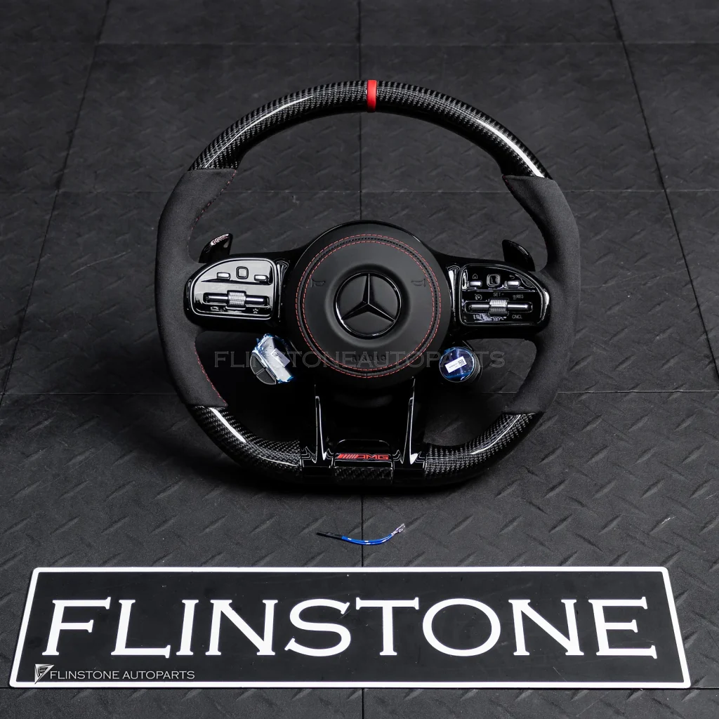 พวงมาลัยพร้อมAirbag Carbon fiber สำหรับ W205 C-class C43 AMG หนังดำ ด้ายแดง