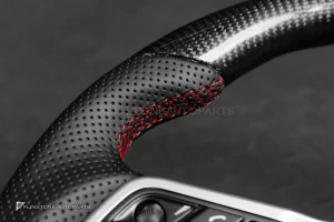 พวงมาลัย Carbon fiber พร้อมAirbag สำหรับ Porsche Cayenne 958 หนังดำ ด้ายแดง