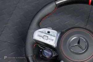 ต้องขัดคราบกาวออกก่อน พวงมาลัย Carbon fiber หนังดำ ด้ายแดง กรอบเงิน พร้อม Drive Unit สำหรับ W205 C-Class
