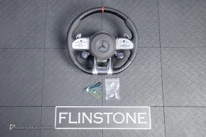 ต้องขัดคราบกาวออกก่อน พวงมาลัย Carbon fiber หนังดำ ด้ายแดง กรอบเงิน พร้อม Drive Unit สำหรับ W205 C-Class