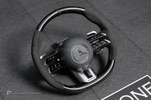 พวงมาลัย Carbon fier พร้อม Airbag สำหรับ C257 CLS-Class CLS53 AMG หนังดำ ด้ายดำ กรอบสี ดำ-เงิน