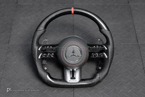 พวงมาลัย Carbon fier พร้อม Airbag สำหรับ W207 E-Class coupe หนังดำ ด้ายแดงกรอบสี ดำ-เงิน