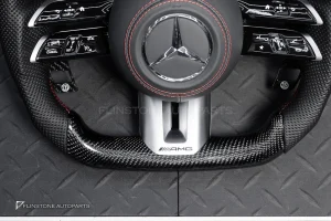 พวงมาลัย Carbon fier พร้อม Airbag สำหรับ W207 E-Class coupe หนังดำ ด้ายแดงกรอบสี ดำ-เงิน