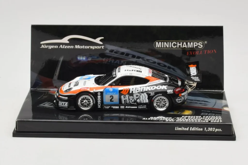 Model 1:43 Porsche Cayman #2 Alzen Motorsport U. Alzen / P. Alzen / Mamerow / Menzel 24 Hours Nurburgring year 2007 Minichamps