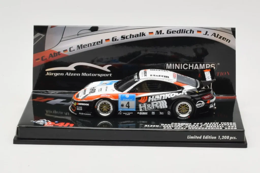 Model 1:43 Porsche 911 997 Alzen Turbo #4 U. Alzen / Gedlich / Schalk / Menzel / Abt 24 Hours Nurburgring year 2008 Minichamps
