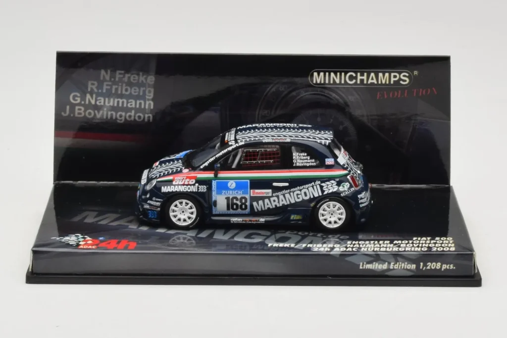 โมเดลรถ 1:43 Fiat 500 #168 Engstler Motorsport Freke / Friberg / Naumann 24 Hours Nurburgring ปี 2008 Minichamps (มือสอง)