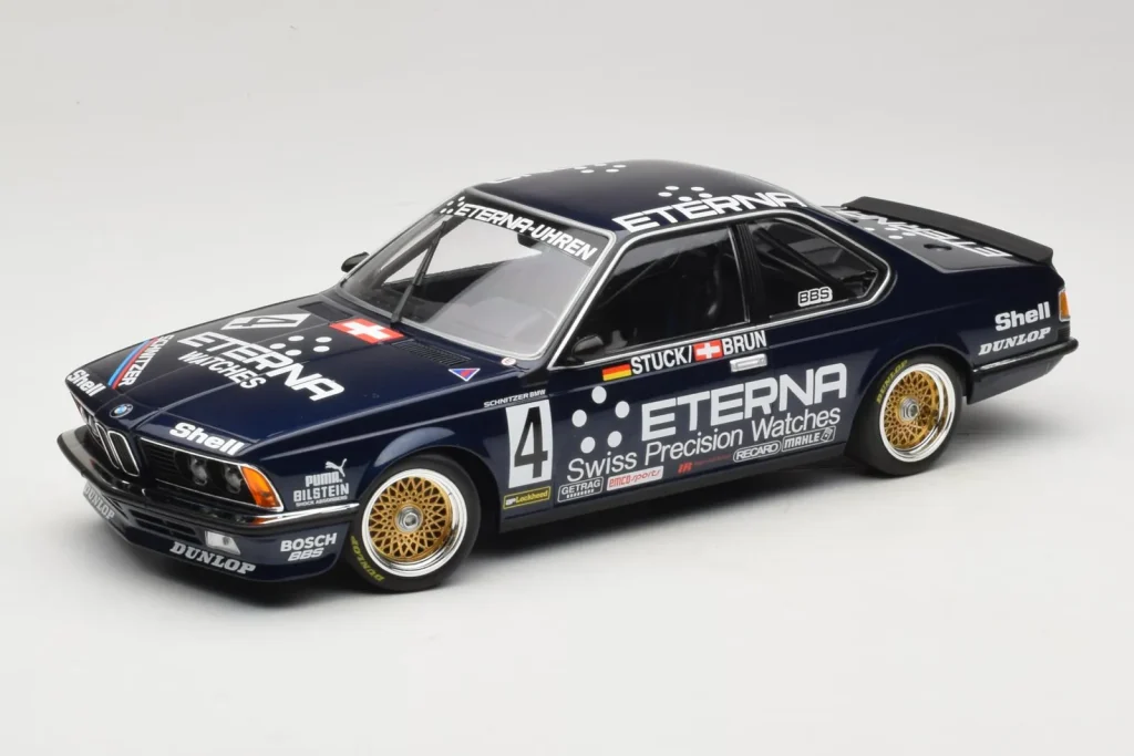 Model 1:18 BMW 635 CSi E24 Schnitzer Eterna #4 H. Stuck / W. Brun 3rd Place Brno Grand Prix ETCC year 1983 Minichamps