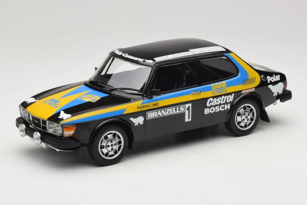 Model 1:18 Saab 99 EMS #1 P. Eklund / B. Cederberg Rally Sweden year 1977 MCG