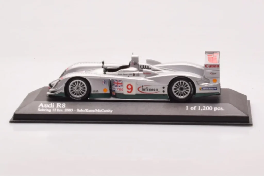 โมเดลรถ 1:43 Audi R8 #9 M. Salo / Kane / McCarthy Sebring 12 Hours ปี 2003 Minichamps (มือสอง)
