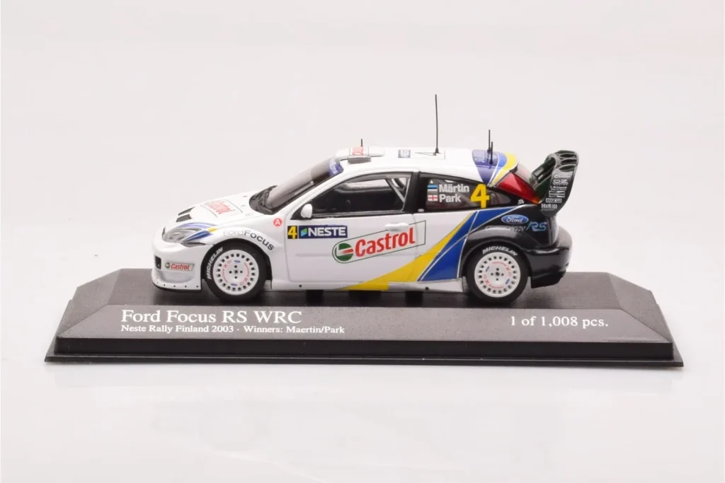 โมเดลรถ 1:43 Ford Focus RS WRC #4 M. Martin / M. Park Neste Rally Finland Winners ปี 2003 Minichamps (มือสอง)