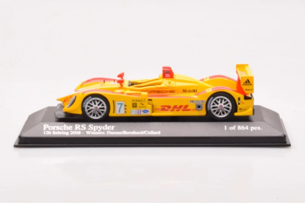 Model 1:43 Porsche RS Spyder LMP2 #7 R. Dumas / T. Bernhard / E. Collard Sebring 12 Hours Winners year 2008 Minichamps