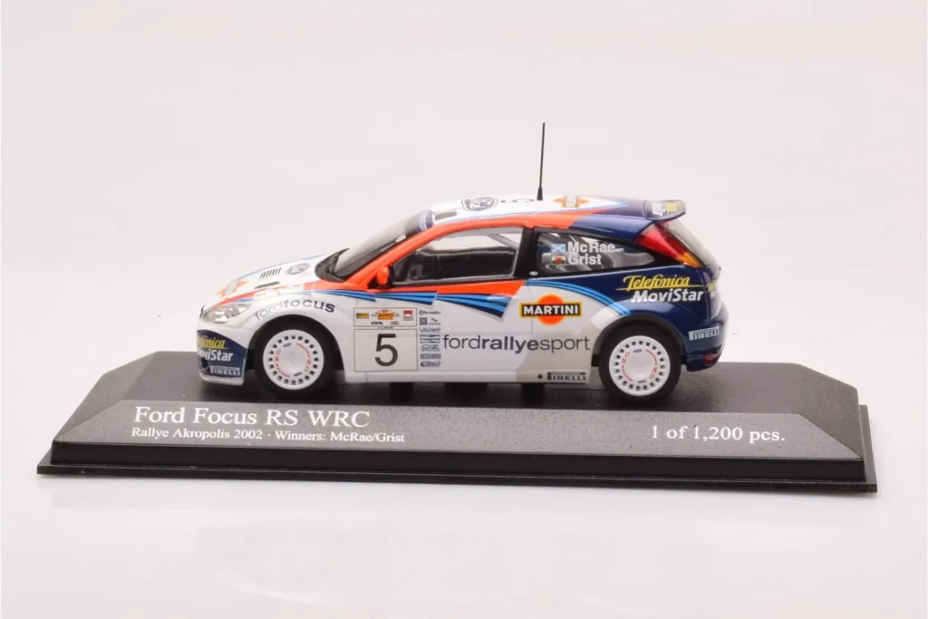 โมเดลรถ 1:43 Ford Focus RS WRC #5 C. McRae / N. Grist Rally Acropolis Winner ปี 2002 Minichamps (มือสอง)