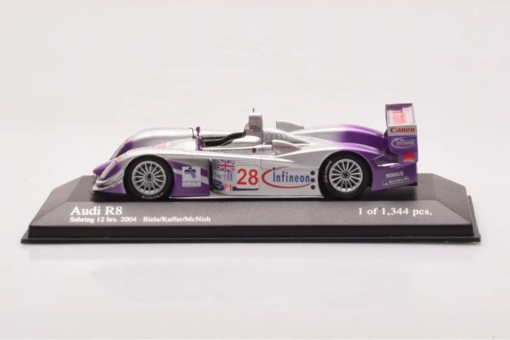 โมเดลรถ 1:43 Audi R8 LMP900 #28 F. Biela / P. Kaffer / A. McNish 12 Hours of Sebring Winner ปี 2004 Minichamps (มือสอง)