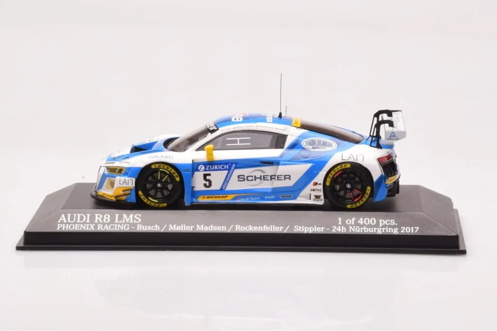 โมเดลรถ 1:43 Audi R8 LMS #5 Phoenix Racing M. Busch / C. Moller / C. Madsen / M. Rockenfeller / F. Stippler 24 Hours of Nurburgring ปี 2017 Minichamps (มือสอง)