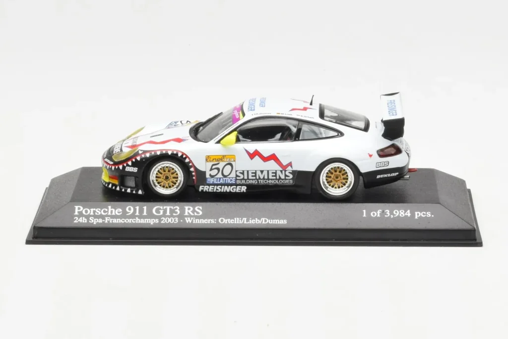 Model 1:43 Porsche 911 996 GT3 RS Siemens #50 M. Ortelli / M. Lieb / R. Dumas 24 Hours of Spa Winners year 2003 Minichamps