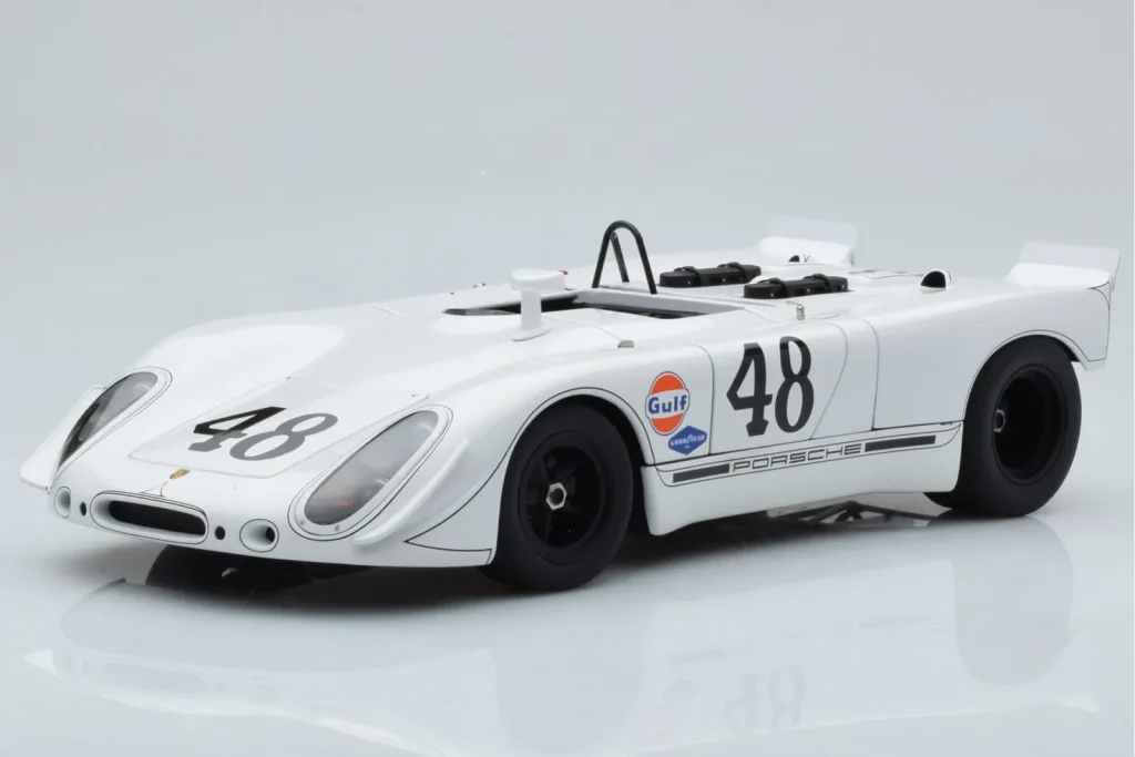 Model 1:18 Porsche 908/02 #48 S. McQueen / P. Revson 12 Hours of Sebring 2nd Place Post Race Version year 1970 AUTOart
