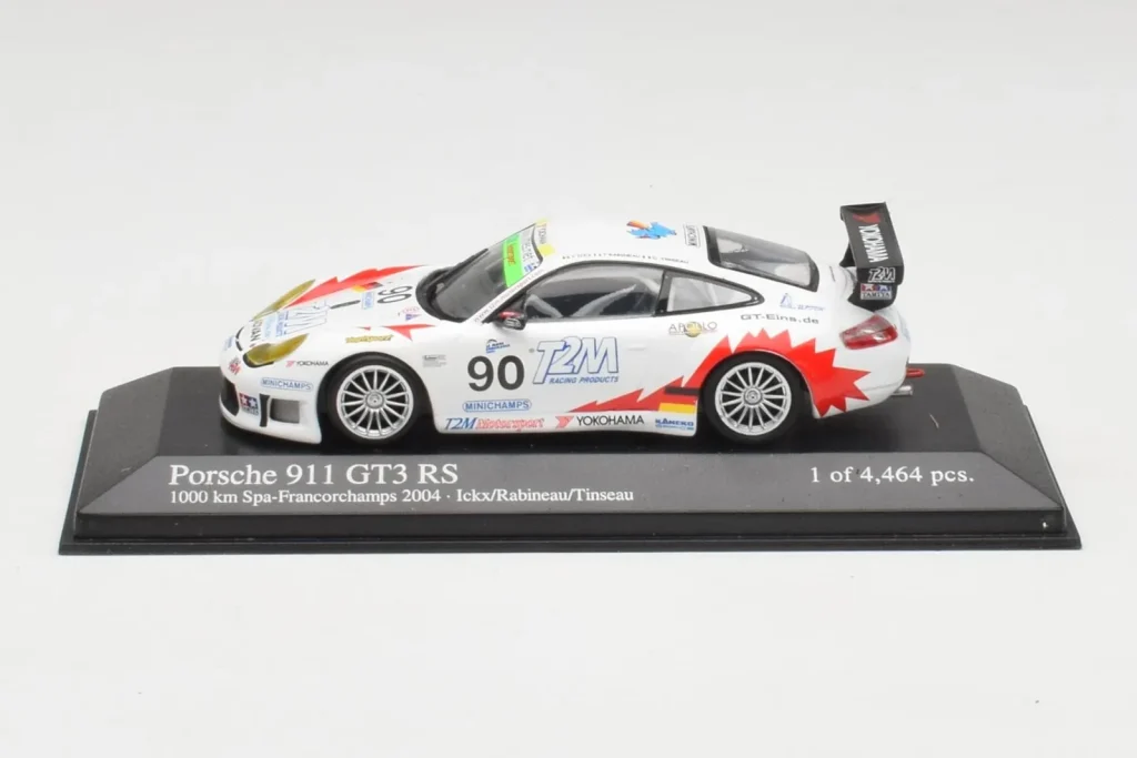 โมเดลรถ 1:43 Porsche 911 996 GT3 RS #90 T2M J. Ickx / P. Rabineau 1000km Spa ปี 2004 Minichamps (มือสอง)