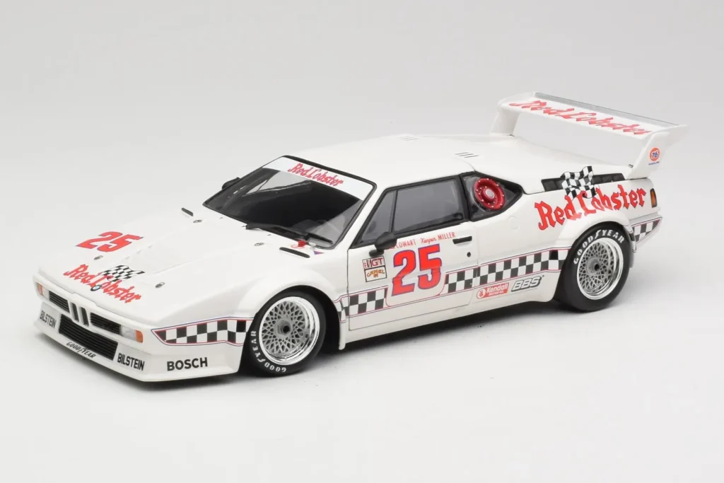 Model 1:18 BMW M1 #25 Red Lobster D. Cowart / K. Miller LA Times GP Riverside year 1981 Minichamps