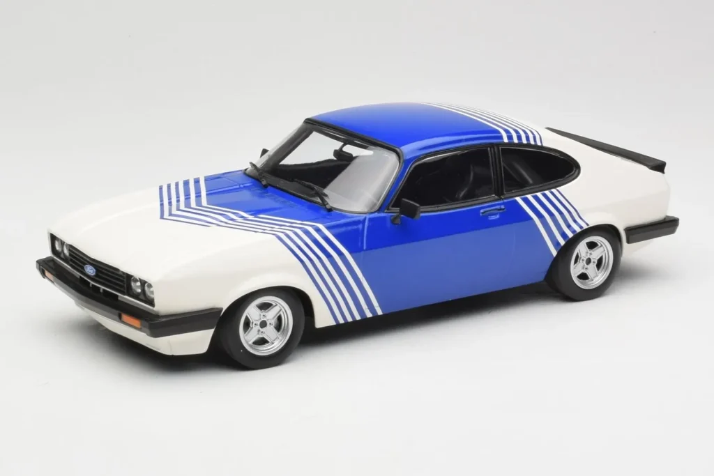 โมเดลรถ 1:18 Ford Capri Mk2 3.0 White with Blue Stripes Minichamps (มือสอง)