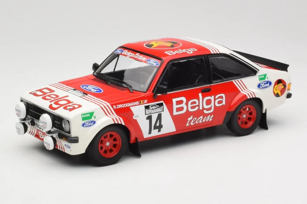 โมเดลรถ 1:18 Ford Escort Mk2 RS 1800 #14 Droogmans / Joosten Belga 3rd Place Lotto Haspengouw Rally ปี 1983 Minichamps (มือสอง)