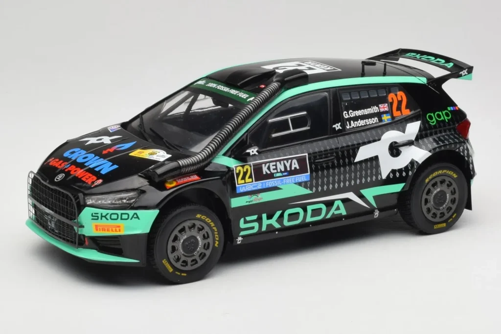 โมเดลรถ 1:18 Skoda Fabia Rally2 #22 Toksport G. Greensmith / J. Andersson Safari Rally Kenya ปี 2024 IXO