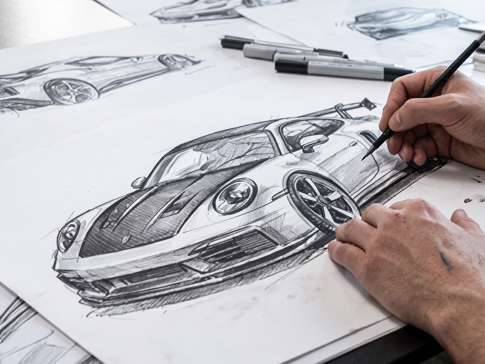 นักออกแบบ PAKTECHZ ร่างแบบชุดแต่งคาร์บอนไฟเบอร์สำหรับ Porsche 911 ด้วยมือบนกระดาษ