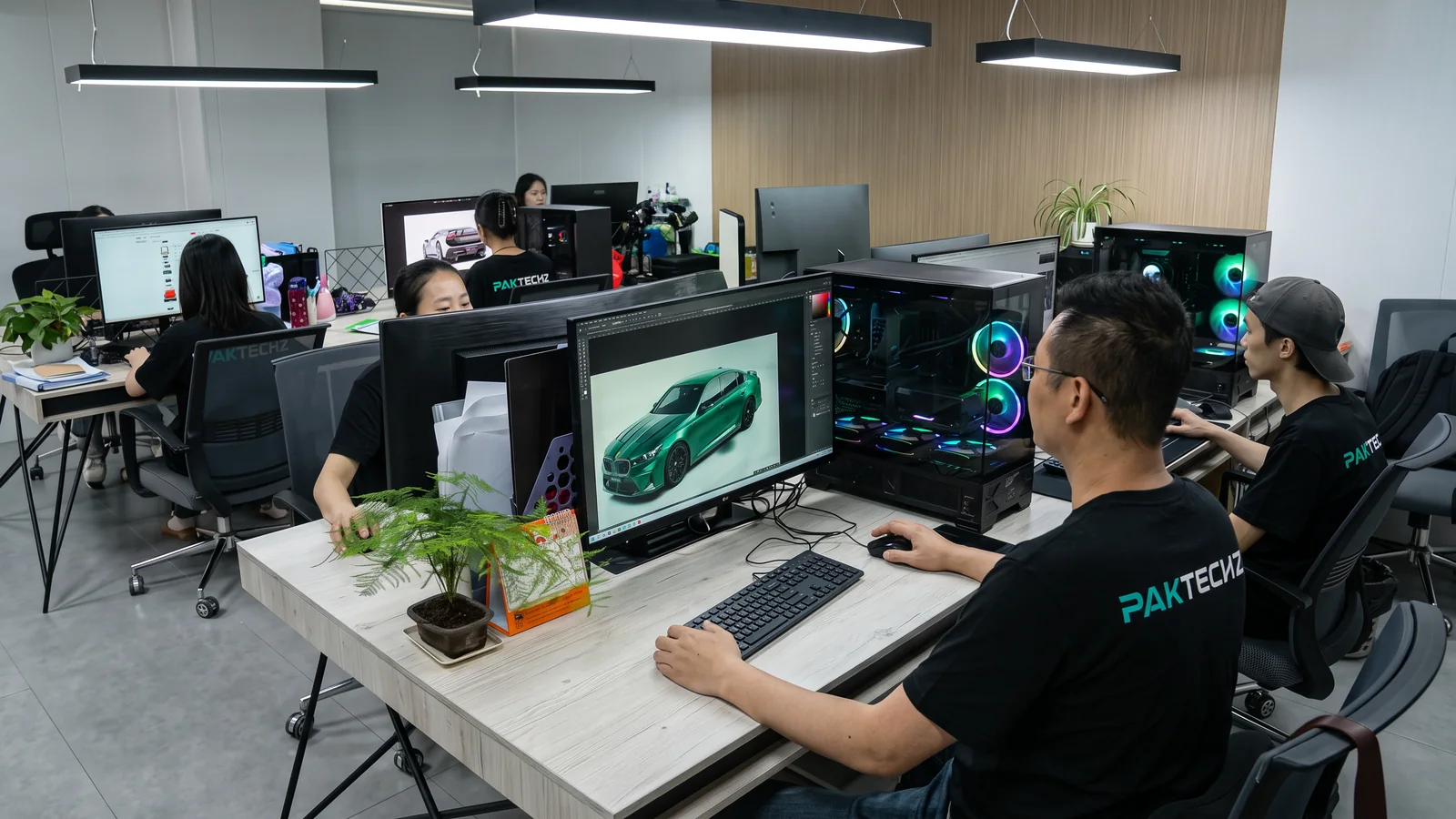 ทีมนักออกแบบและวิศวกรของ PAKTECHZ ออกแบบชุดแต่งรถยนต์ด้วยคอมพิวเตอร์ในสำนักงาน