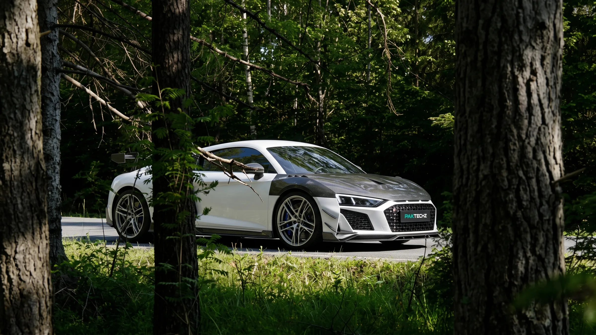 Audi R8 ติดตั้งชุดแต่งคาร์บอนไฟเบอร์ PAKTECHZ จอดอยู่บนถนนกลางป่าสน